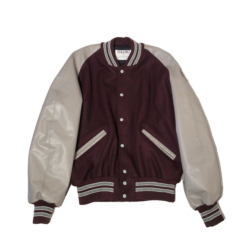 Vintage DeLONG Jacket Mens Size XL Varsity Maroon Beige Made In USA